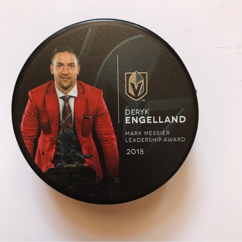 Vegas Golden Knight Deryk Engelland Official Hockey Puck 2018 Mark Messier Award